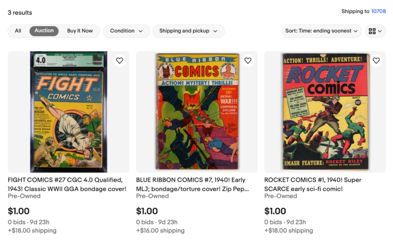Auctions on the 'bay: ROCKET COMICS #1, BLUE RIBBON COMICS #7, FIGHT ...