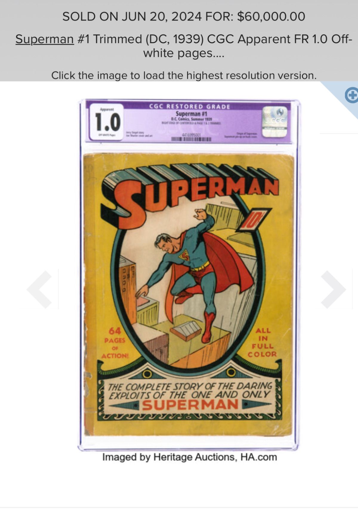 Superman 1 PSA 1.0, missed resto? - Golden Age Comic Books - CGC