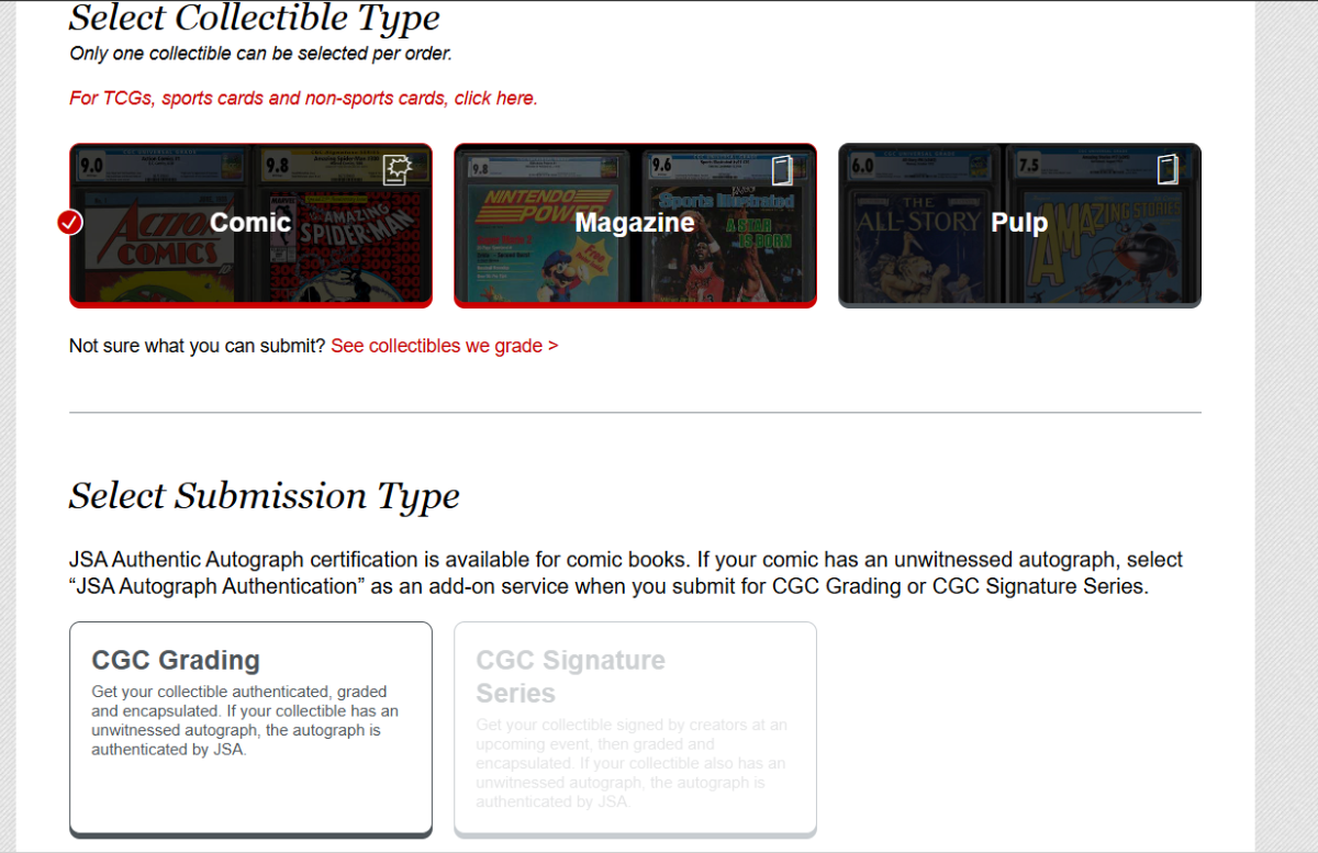 not letting me select signature series for submission - Ask CGC - CGC ...